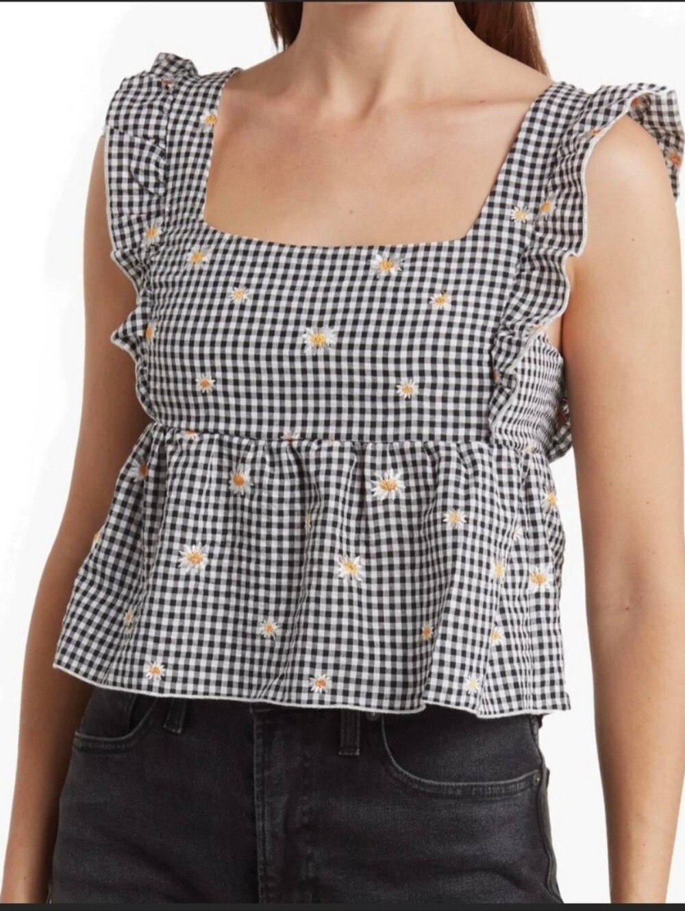 NWT Kirious Crop Top B/W Gingham Plaid Daisy Ruffle Flowy Tank Size Medium